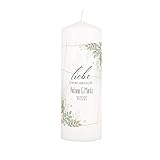 Herz & Heim® Hochzeitskerze mit Namen des Ehepaares Stumpenkerze Weiß 7...