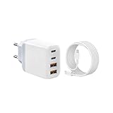 USB C Ladegerät mit Kabel, 4 Ports PD Netzteil Mehrfach Schnellladegerät...