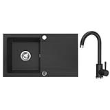 VBChome Granitspüle 76 x 44 cm Schwarz mit Armatur Einzelbecken...