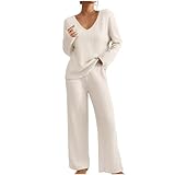 Damen Schlafanzug Lang Gerippt Zweiteiliger Pyjama Set Winter Loungewear...