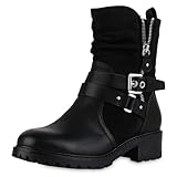 VAN HILL Damen Biker Boots Blockabsatz Schnallen Trendy Schuhe 216382...