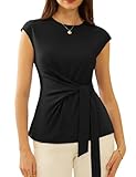 Damen Slim Fit Plissee-Top Kurz Flügelärmel Bluse Rundhals Tunika Taillen...