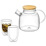 Wilmax - Glas Teekanne mit Bambus-Deckel 1200ml + 2 Teegläser 400ml -...