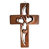 Handgeschnitztes Holzkreuz mit verschlungenen Herzen, Hochzeitskreuz für...