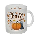 Fall Jahreszeit Herbst Glas Tasse mit Kürbis und Laub schöne Kaffeetasse...