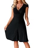 Beyove Kleid Damen Schwarz Knielang Kurzarm Elegant V-Ausschnitt Midikleid...