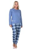 Normann Damen Jersey Schlafanzug Langarm Pyjama mit Karierter Hose und...