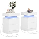 IRONCK Nachttisch 2er Set mit LED-Lichtern & 2 AC-Steckdose, Beistelltisch...