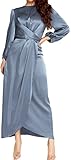 PINUPART Damen Elegant Empire Taille Langarm Satin Maxikleid, dusty blue,...