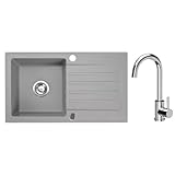 VBChome Granitspüle 76 x 44 cm Grau mit Armatur Einzelbecken Einbauspüle...