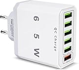 USB Ladegerät, 6-Ports Schnellladegerät, 65W Ladestecker mit Intelligent...