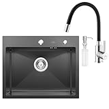 Spülbecken mit Armatur 55 x 45 cm, Auralum Einbauspile Edelstahl Schwarz...