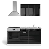 Vicco Singleküche R-Line, Schwarz Hochglanz/Weiß, 160 cm mit...
