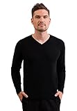 100% Kaschmir Herren Pullover | Sweater V-Ausschnitt 2-fädig (Schwarz, XL)