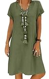Sommerkleid Damen Leinen Kleider Casual V-Ausschnitt Midikleid Kurzarm...