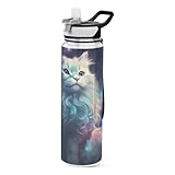 KUEJOP Trinkflasche mit Strohhalm und Anti-Staub-Abdeckung Katze Lila und...