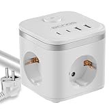 Echos - 7-in-1 Steckdosenwürfel mit Kabel 3 Fach Mehrfachsteckdose mit USB...