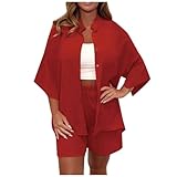 Summer Muslin Blouse Women's Shirt and Shorts Two-Piece Lounge Set Damen...