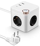 6 in 1 Steckdosenwürfel mit 3 USB & 1 Typ-C, 3 Fach Mehrfachstecker für...