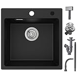 CECIPA 45x45cm Spülbecken Schwarz Granit, Spüle Schwarz, Küchenspüle...
