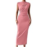 Tuesoa Damen-Kleid mit Rüschen, Figurbetont, Rosa, XL