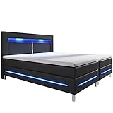 Juskys Boxspringbett Norfolk 140x200 cm - LED Beleuchtung, Bonell Matratze...