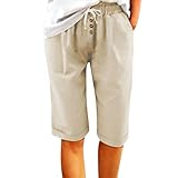 Leinen-Shorts für Damen, Baumwolle, Leinen, einfarbig, Kordelzug mit...
