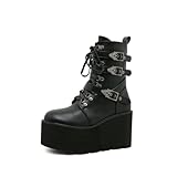 FhiHUEpr Damen Plateau-Kampfstiefel mit Keilabsatz - Herbst Winter...