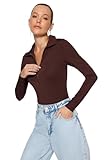 Braun Zipper Collar Detailliert Flexible Knitted Body with Snaps from The...