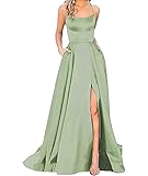 HAHAEMMA Damen Elegant Lange Ballkleider mit Taschen Satin A-Linie Backless...