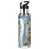 Arctic Wolf and Fox Wasserflasche mit Strohhalm-Deckel, vakuumisolierte...