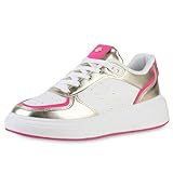 VAN HILL Damen Sneaker Low Flach Metallic Trendy Schuhe 215144 Weiss Gold...