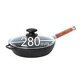 BIOL Tiefe gusseiserne Pfanne mit Glasdeckel abnehmbarem Holzgriff, 24cm,...