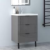 Biubiubath Badmöbel Set Hochglanz Dunkelgrau 60cm Mineralguss Waschtisch...