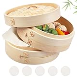 Steamer Bamboo 20 cm 2 Tier Bamboo Steamer for Rice, Dim Sum, Vegetables,...