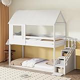 Aoskem Kinderbett Etagenbett 90x200 cm, Hochbett Hausbett mit Treppe...