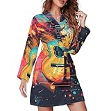 TZTTZT Langärmeliger kurzer Bademantel für Damen, Weltkarten-Gitarre,...