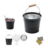Tragbarer BBQ Grilleimer-Set, Schwarz, mit Grillrost und Holzgriff, Camping...