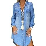 cffvdiz Damen Jeanshemd Kleid Langarm Button Down Casual Jeanskleid,Blau,XL