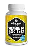 Vitamaze® Vitamin D3 K2 hochdosiert (1+ Jahre) 5000 IE Vitamin D3 + 100...