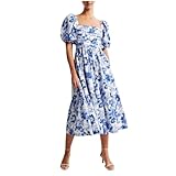 Damen Kurzarm Kleid Bohemian Blumen Sommerkleider MiniKleid Blumendruck...