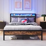 Viitech Bett mit Metal Lattenrost, Bettgestell mit LED Beleuchtung und USB...