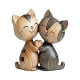 LunarCharm Holzskulptur eines Katzenpaars – 2D-Flache...