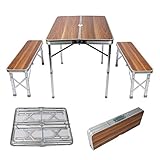 Wiltec Koffertisch mit 2 Bänken Holzdesign Aluminium 90x66x70 cm...