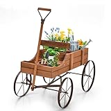 HOMASIS Blumenwagen Holz, Blumenkarre mit 4 Metall Rädern, Griff & 2...