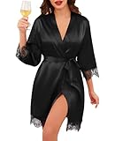 Lovasy Satin Bademantel Damen Kurz Kimono Japanisch Spitze Sexy...