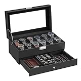 SONGMICS Uhrenbox, Uhrenkasten mit Glasdeckel, 2 Ebenen, für 12 Uhr,...
