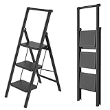 Aufun Trittleiter 3 Stufen, Klappleiter mit breitem Anti-Rutsch-Pedal, Mit...