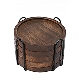 SAMHITA Mangoholz Untersetzer für Getränke mit Eisenhalter Ständer 5er...