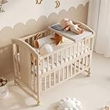 Crlnaup Mehrfunktionales naturholzfarbenes Holz-Babynetzbett: mit...